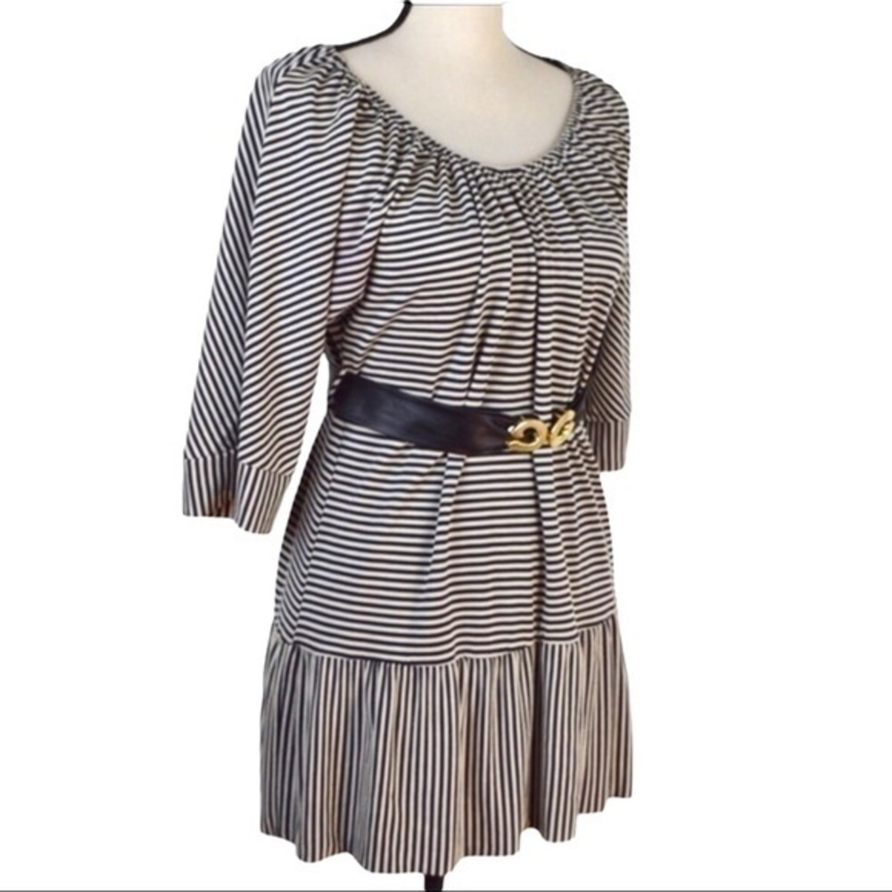 Striped Peplum Hem Jersey Knit Mini Dress -‎ Small, Deep Navy & Cream Y2K